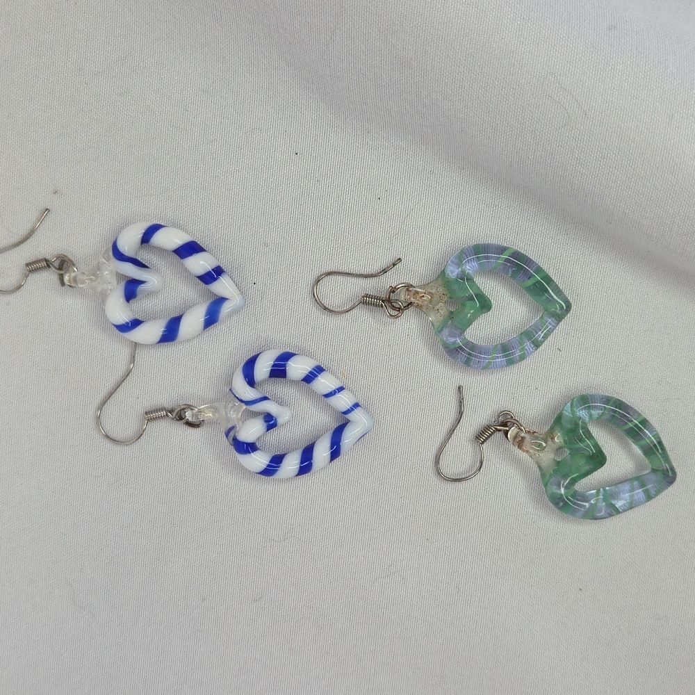 Heart Shaped Dangle Earrings Blue and Green Swirl Striped 2 Pairs